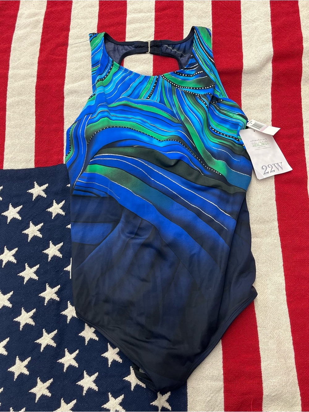 Delta Burke Women's One-Piece Swimsuit in Navy & Green Wave Print Size 22W NWT